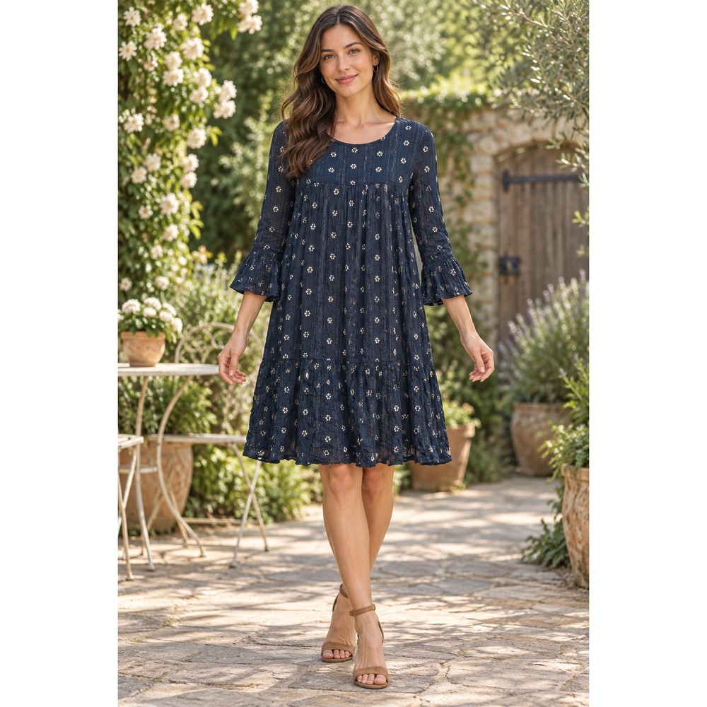 Blu Rain Floral Dress Women S Navy Cream Metallic Bell Sleeve Boho